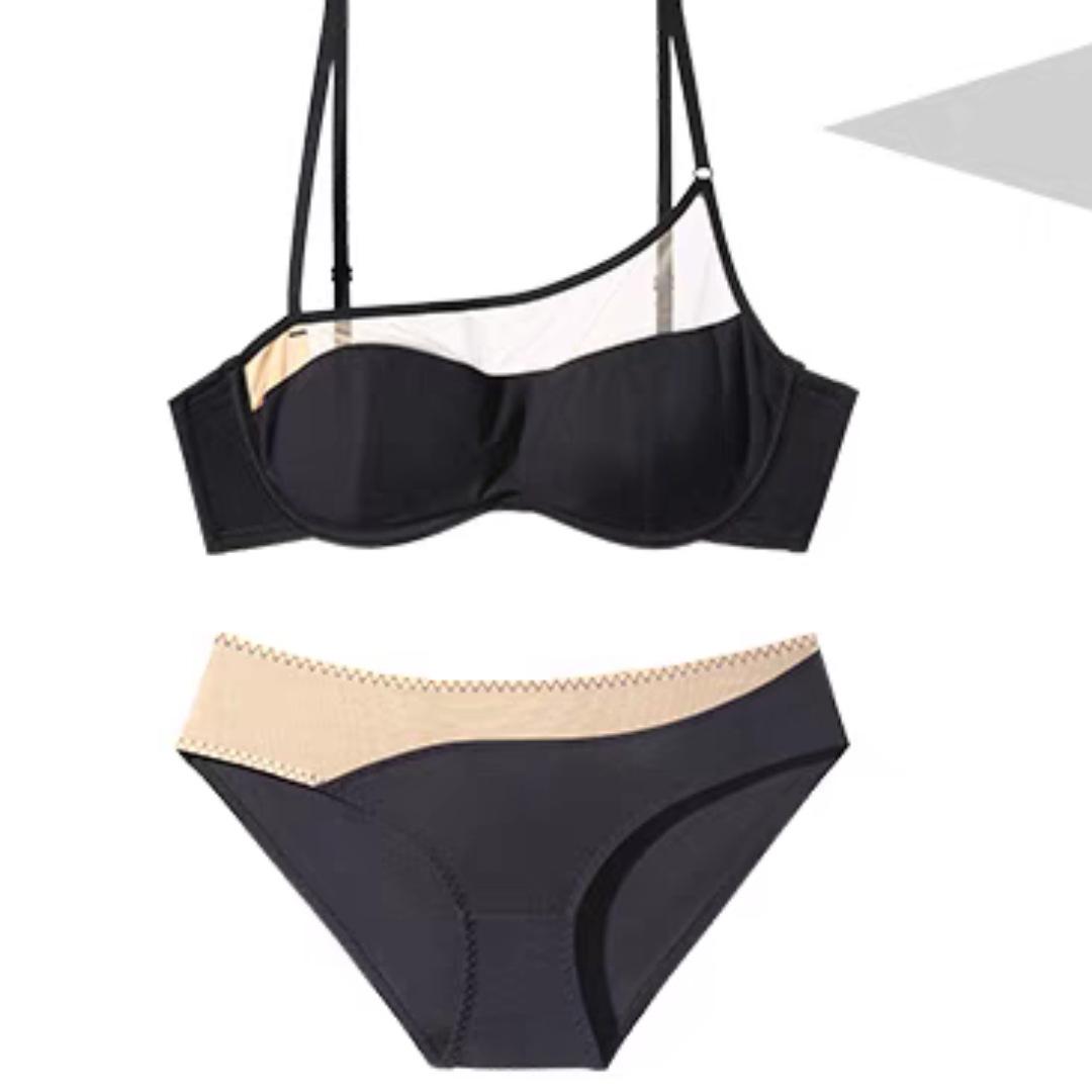 

Женский сексуальный Лоскутный сетчатый комплект во французском стиле, гладкий комплект нижнего белья, бесшовный комплект нижнего белья, комплект с бюстгальтером и трусиками с небольшой чашкой пуш-ап XL чёрный