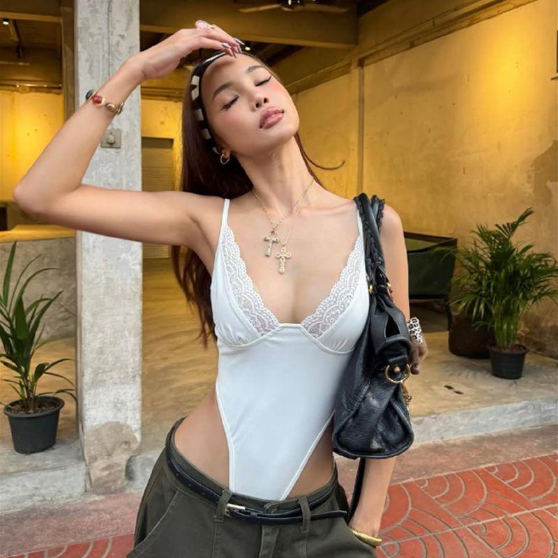 

European and American Ins Solid Dong Si Lace Patchwork Sling Jumpsuit Gyaru Slim fit Slimming High Waist All-Match V-neck T-shirt White S