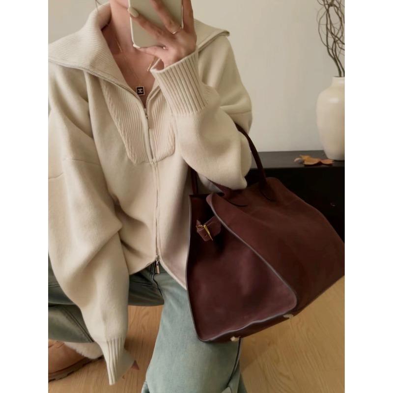 Double Zipper Lapel Thick Fashion Lazy Sweater Autumn and Winter New Loose Plus Size Knitwear Women