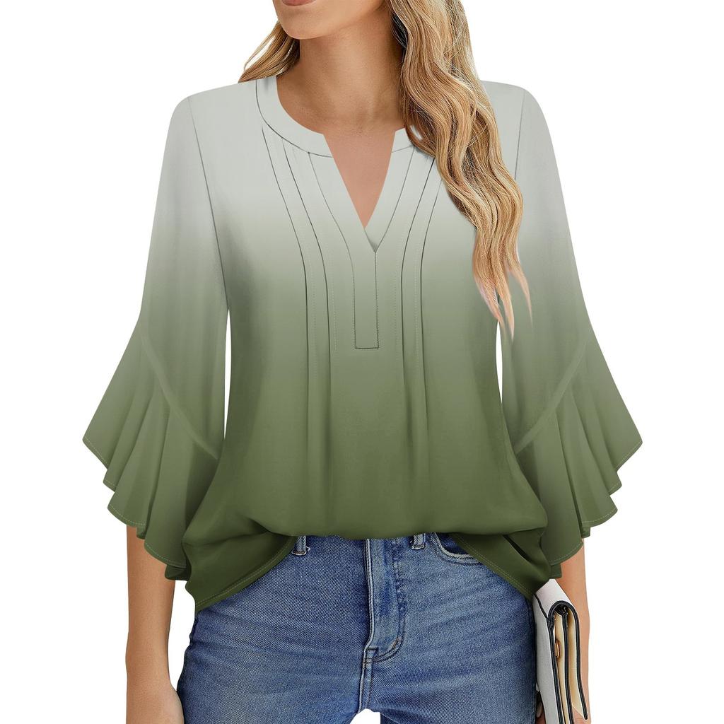 Damenmode Lässig Plissiert V-Ausschnitt Einfarbig Dreiviertelärmel T-Shirt Elegantes Oberteil