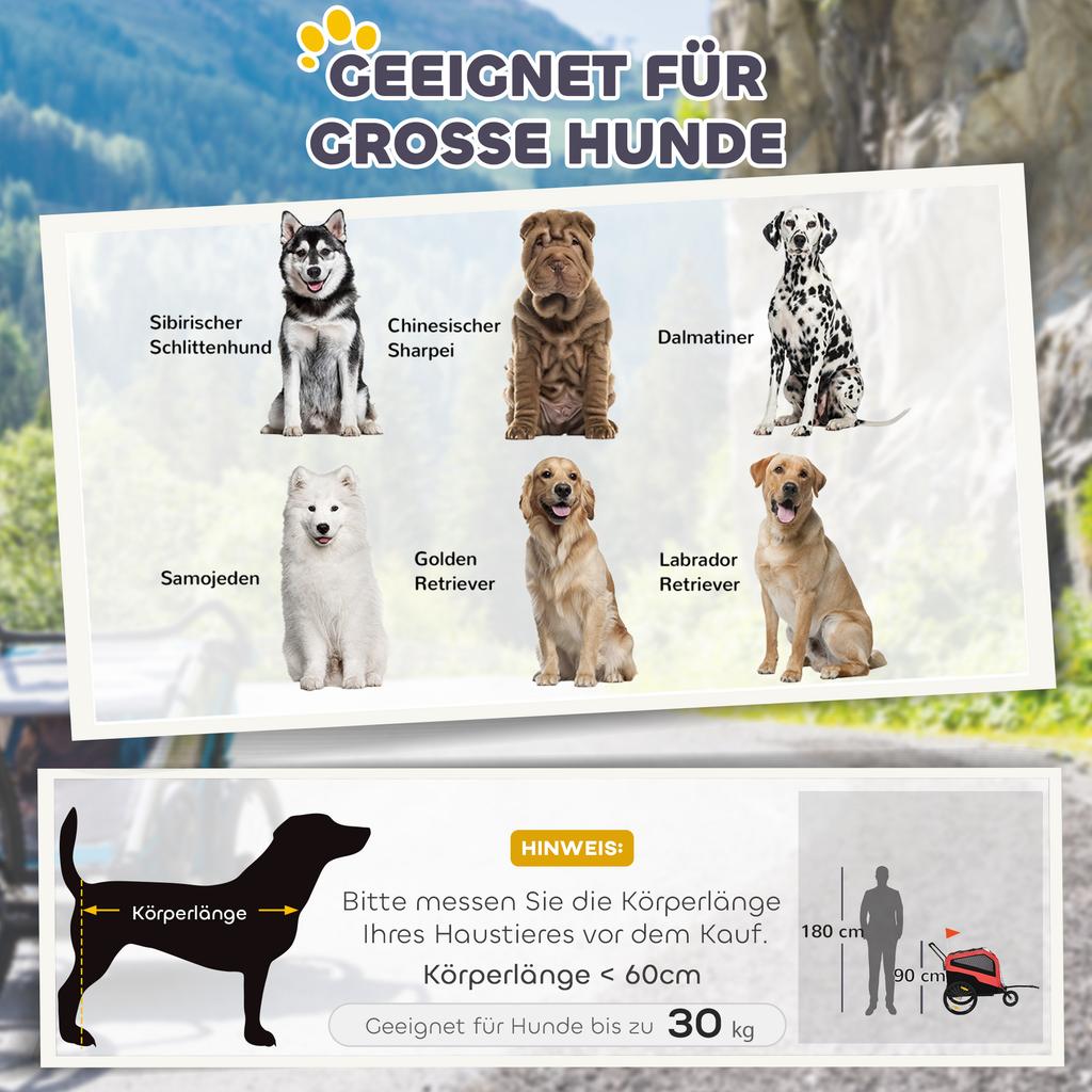 2-in-1 Hundefahrradanhänger Haustierkinderwagen für große Hunde mit Kupplung, 20-Zoll-Räder, Haustier-Fahrradkarren Transportwagen für Reisen, Rot