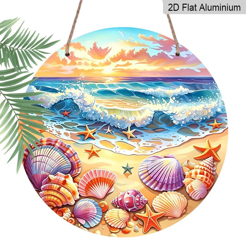2D Flat, 1pc Round Aluminum Wall Art Plaque - Starfish and Seashell Coastal Decor, Vibrant Wave Patterns, Weather-Resistant Indoor/Outdoor Home or