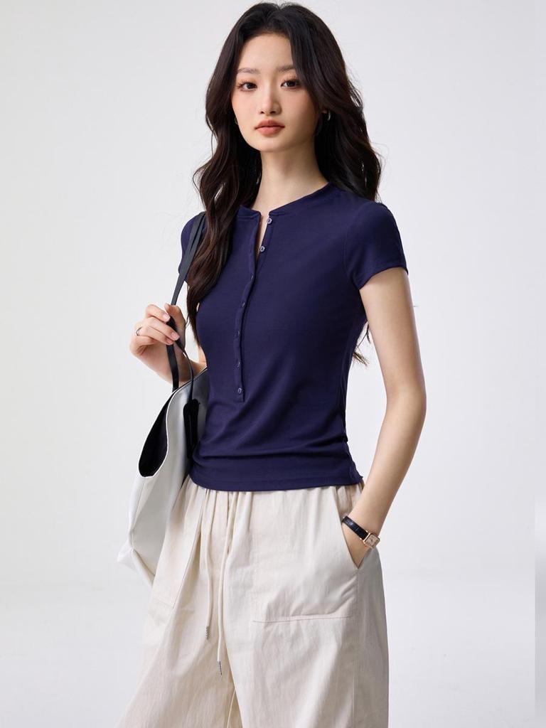 Women's Elegant Tencel Lyocell Henley Short Sleeve Slim Fit Top