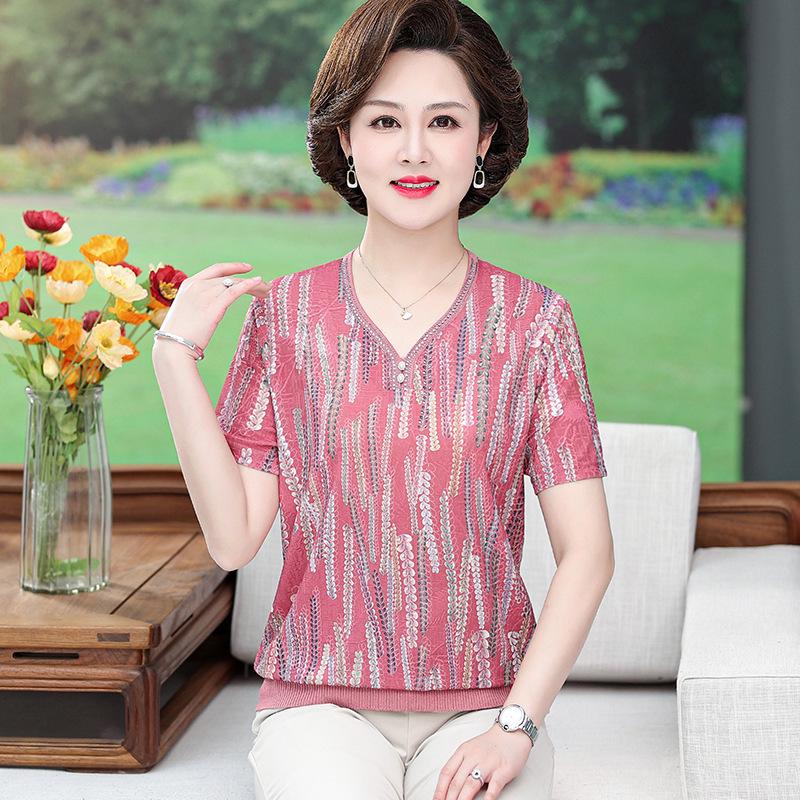 

Summer Short-Sleeve Silk Top for Women - Plus Size Round Neck Grandma T-Shirt 3XL (recommended 60-68 kg) рожевий