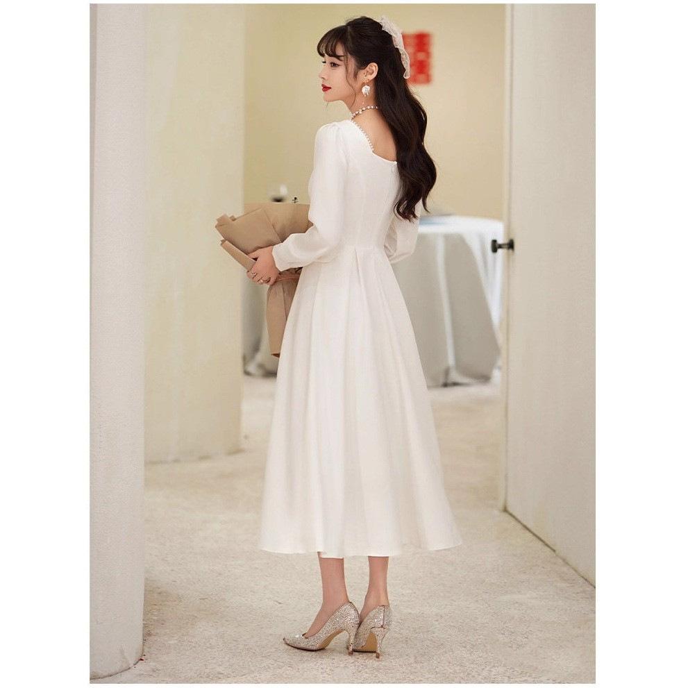 White Certificate Registration Dress Can Be Worn Daily, Celebrity Temperament Light Luxury Niche High-end Autumn Engagement Dress