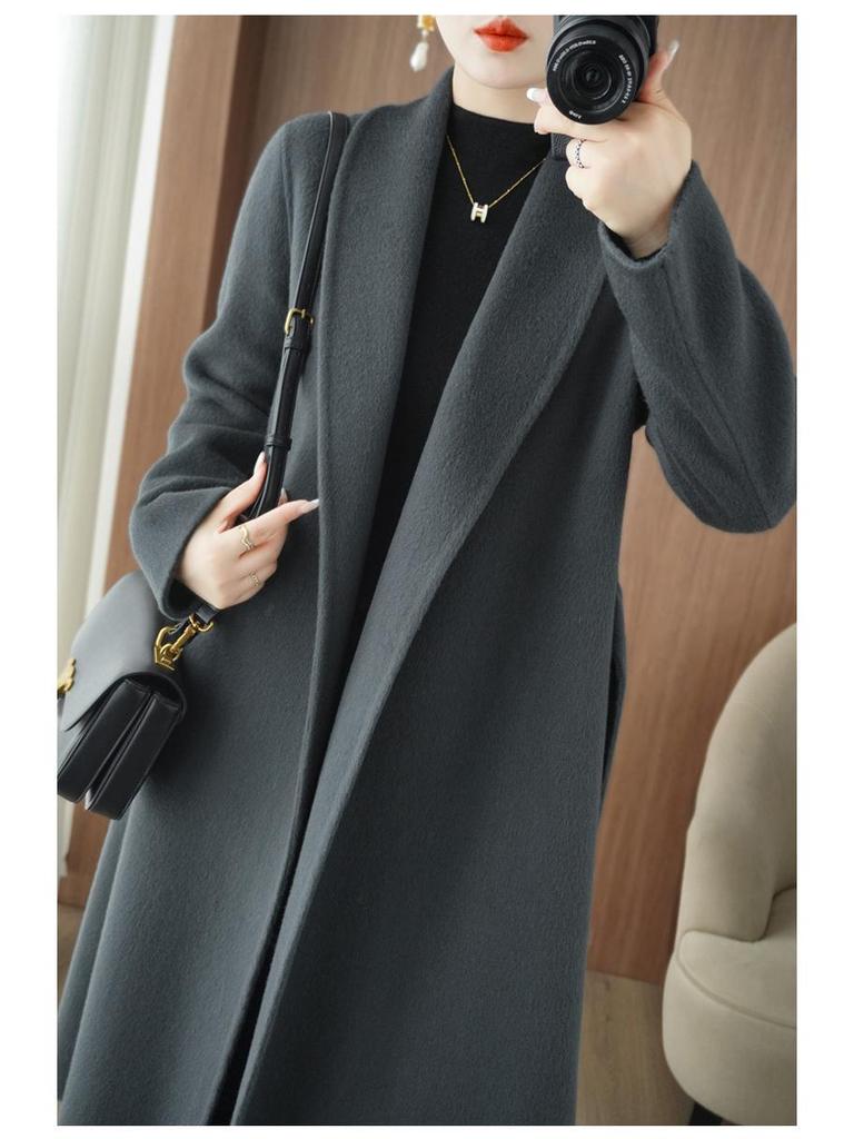 Temperament Women's Extra Long Double-Faced Wool Slim Fit Pea Coat - 100% Wool Autumn/Winter High-End Overcoat