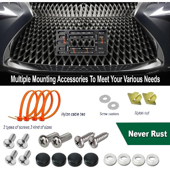 Aootf Front License Plate Mounting Kit- License Plate Bracket & Black Aluminum Car Tag Holder Cover Fit No Drilling Hole Front Bumper, Universal