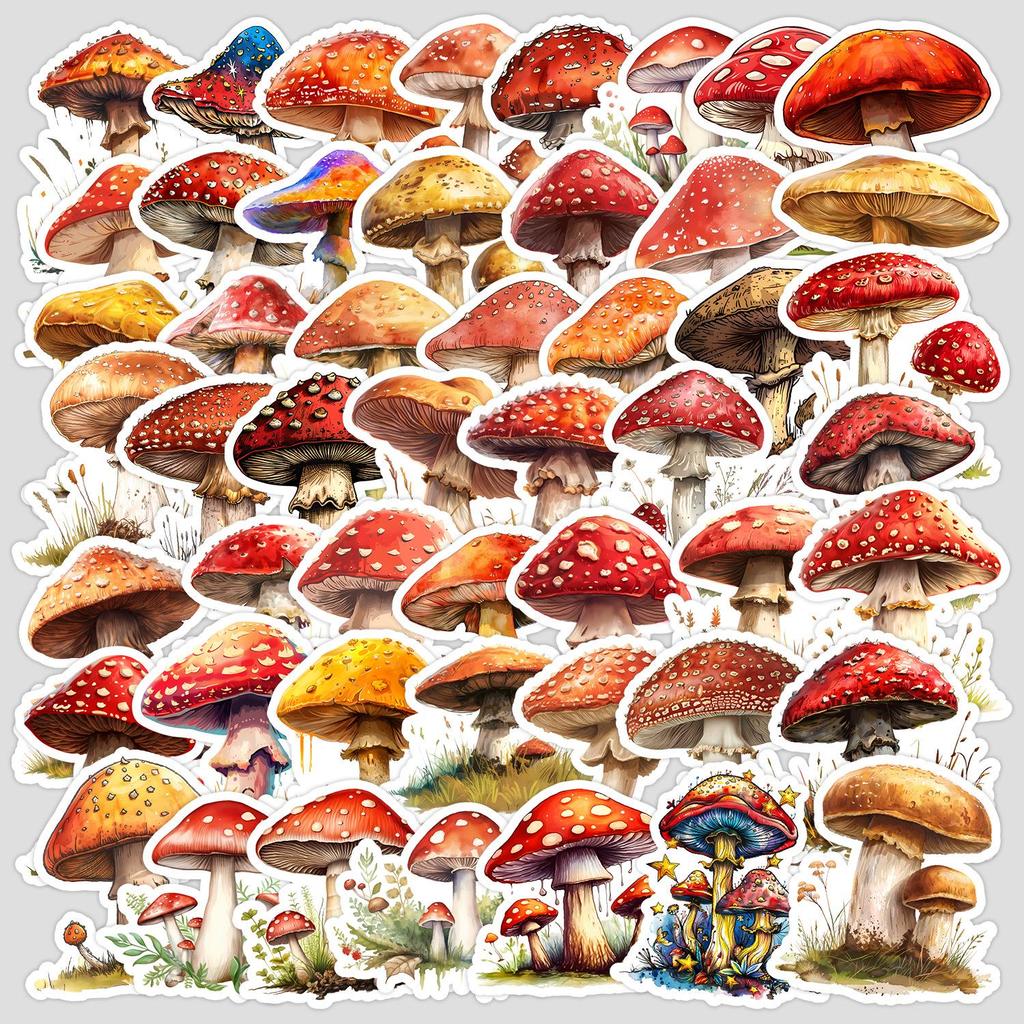 50 Watercolor Mushroom Doodle Stickers: Waterproof Decorative and Creative Fungi Stickers for Phone, Computer, and Stationery