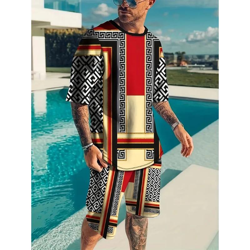 Summer Tracksuit 2 Piece Outfit Male 3D Color Block Print Short Sleeve T-Shirt Shorts Jogging Sets Outdoor Street Men's Clothing