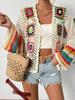 Vintage Rainbow Color Block Crochet Shawl Cardigan Loose Knit Top
