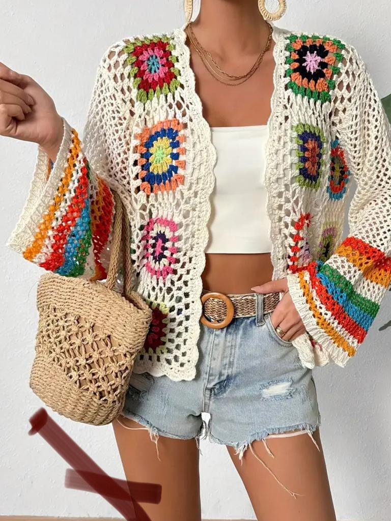 Vintage Rainbow Color Block Crochet Shawl Cardigan Loose Knit Top
