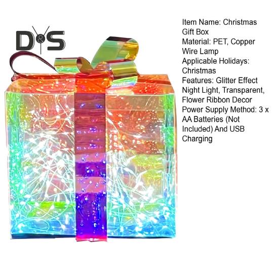 Weihnachtsgeschenkbox mit Kupferdrahtlampe, Blumenbanddekor, transparent, batteriebetrieben oder per USB aufladbar, Glitzereffekt, Nachtlicht, Home-Party-Dekor