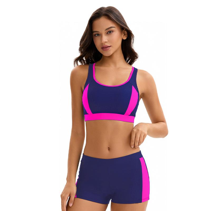 Women's Color-Blocked Two-Piece Swim Set with Back Cut-Out Top & High-Waisted Shorts – Sporty Nylon Beachwear In Multiple Colors
