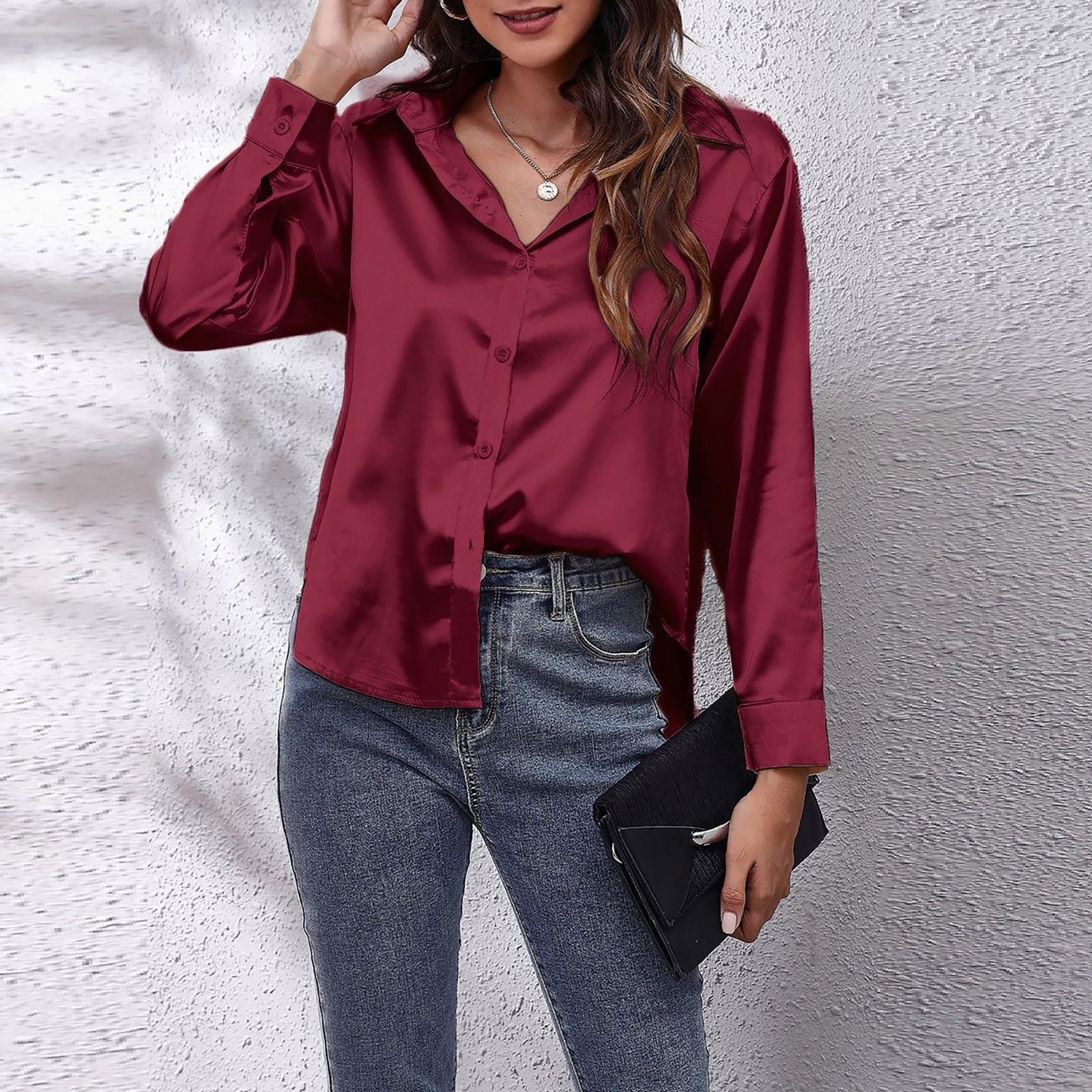 

Женская мода, повседневная рубашка с v-образным вырезом, однотонная атласная рубашка с длинными рукавами и имитацией шелка на пуговицах XL винный