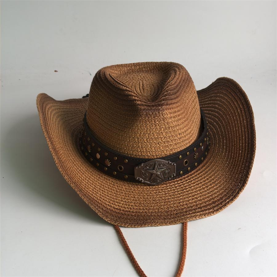 Western Cowboy Straw Hat For Men Women Vintage Outlaw Cowgirl Sun Sombrero Hat With Metal Star Emblem Band Beach Summer Caps