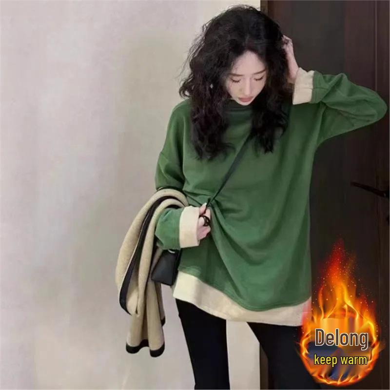 

Double-Sided Velvet Patchwork Women s Plus Size Long-Sleeve T-Shirt XXXXL зелений