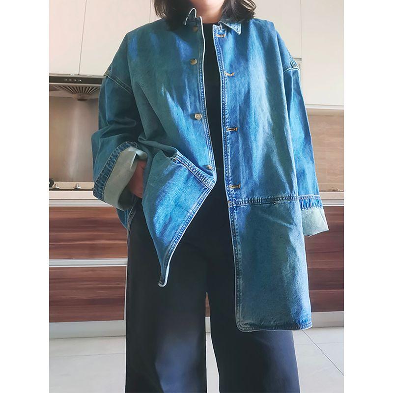 

Foreign Trade Original Order Tail Goods Spring and Autumn Retro Blue Loose Plus size Mid-Length Denim coat C product large Denim medium and long Outwear M