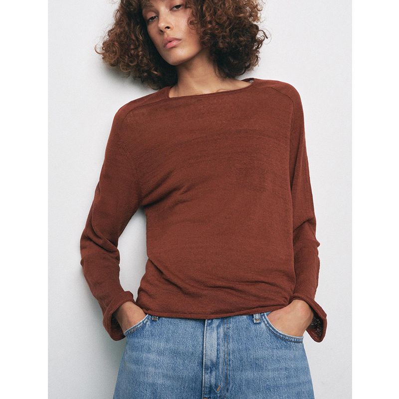 Spring New Women's Clothing Linen Blended Minimalist round Neck Long Sleeves Base Knitwear Tops 2893030