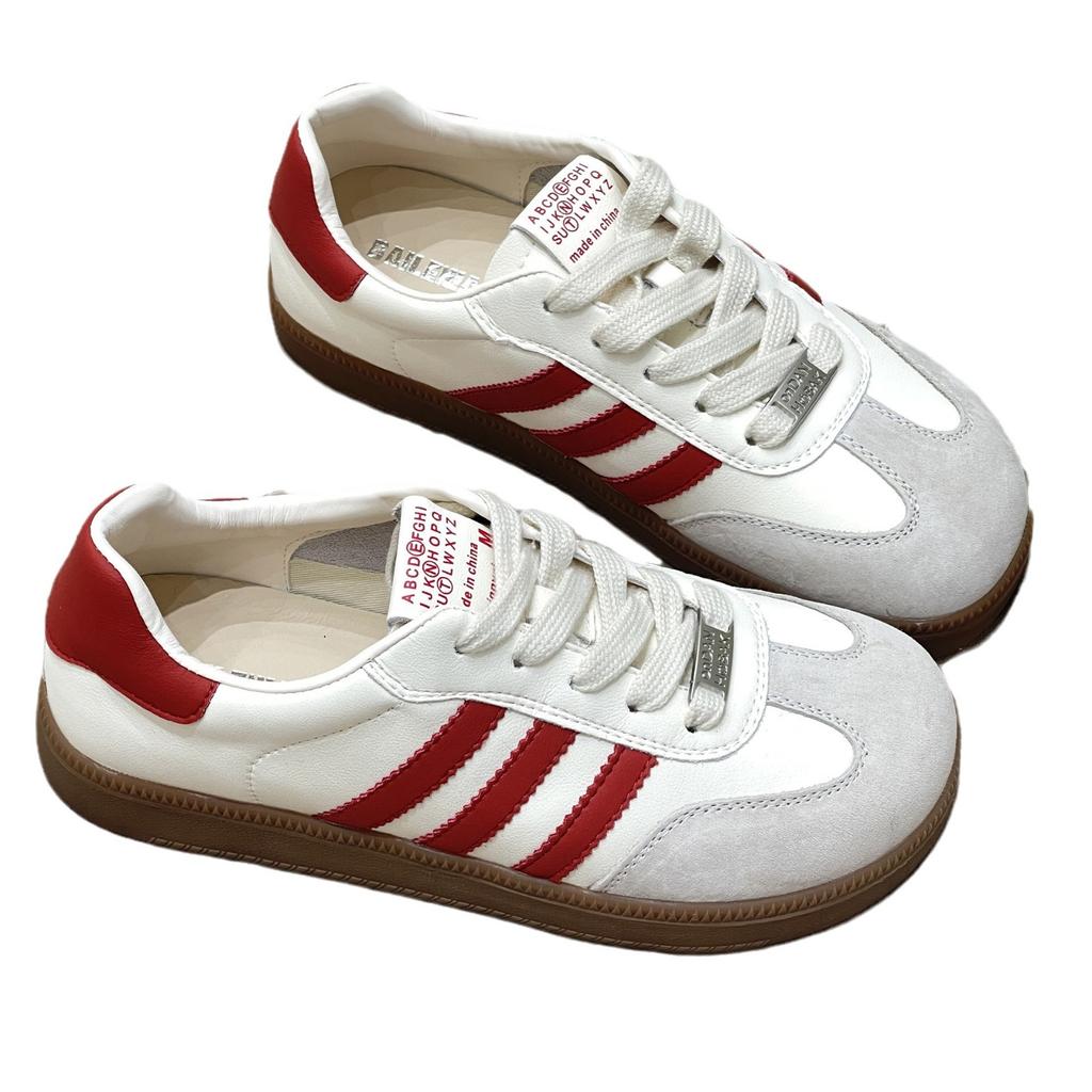 Spring  New Korean Style Flat Casual White Shoes Color Matching German Training Three Bars Genuine Leather German Training Female White