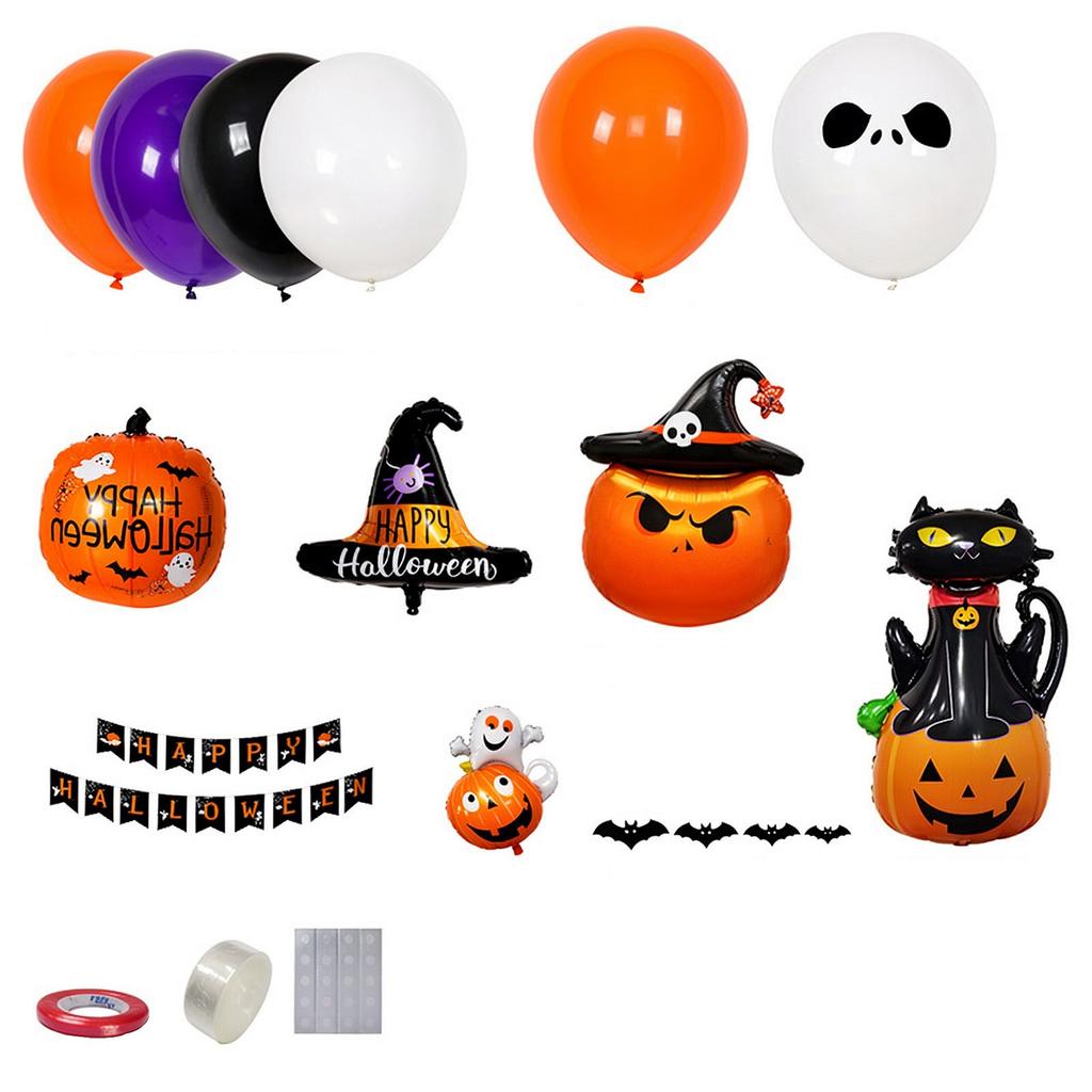 Halloween Party Decoration Set – Orange & Black Balloons, Face Banners, Witch Hat Elements For Holiday Setup
