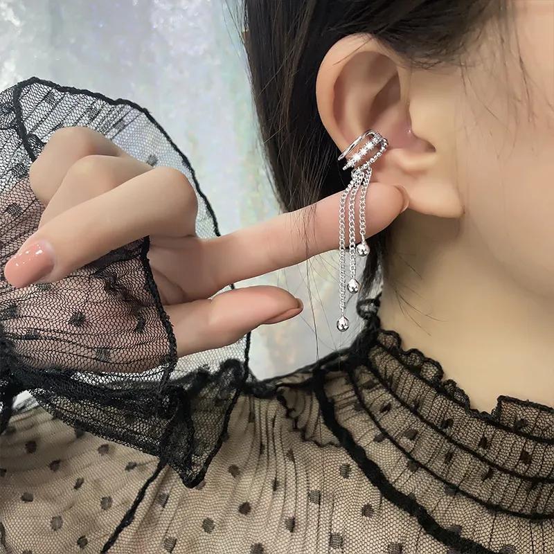 Korean Fashion Ear Clip Piercing Tassel Earrings for Girls Women Silver Color Zircon No Ear Hole Cartilage Jewelry LAMOON