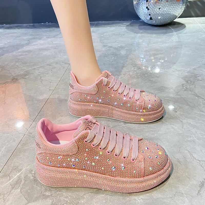 Damen Sommer Mikrofaser Weiße Schuhe Voll Diamant Sportliche Freizeit-Sneaker Modisch Vielseitig Dicksohlige Damenschuhe