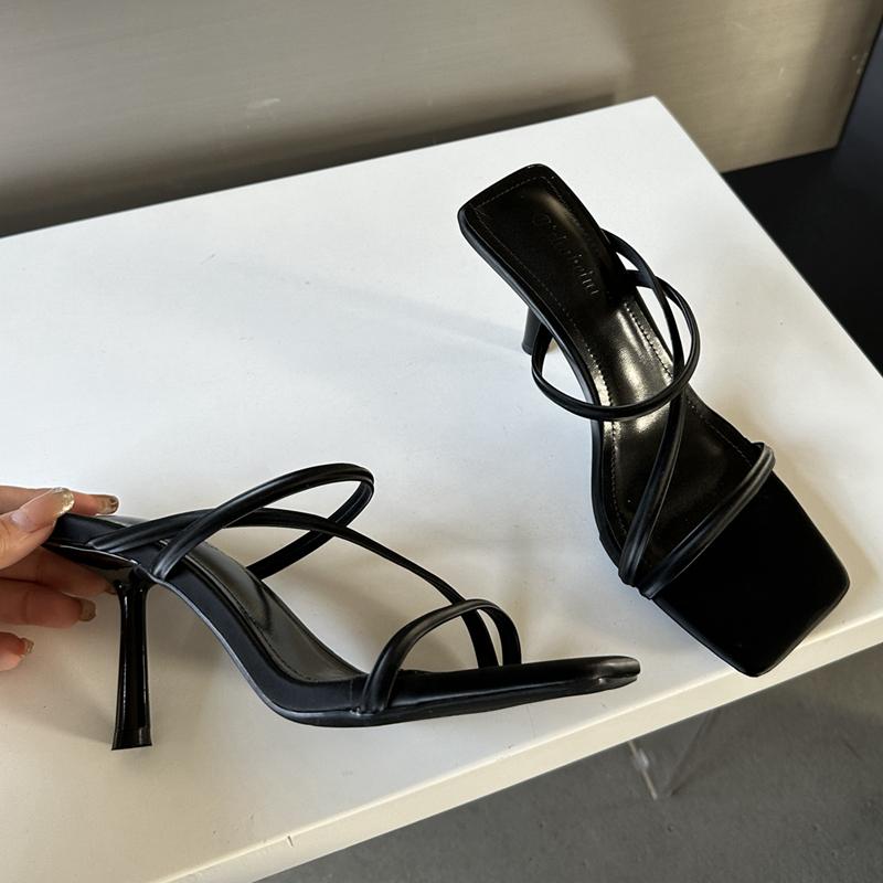 Fashion SUOJIALUN 2024 Summer New Brand Women Slipper Fashion Narrow Band Ladies Elegant Sandal Shoes Thin High Heel Dress Slides Pumps
