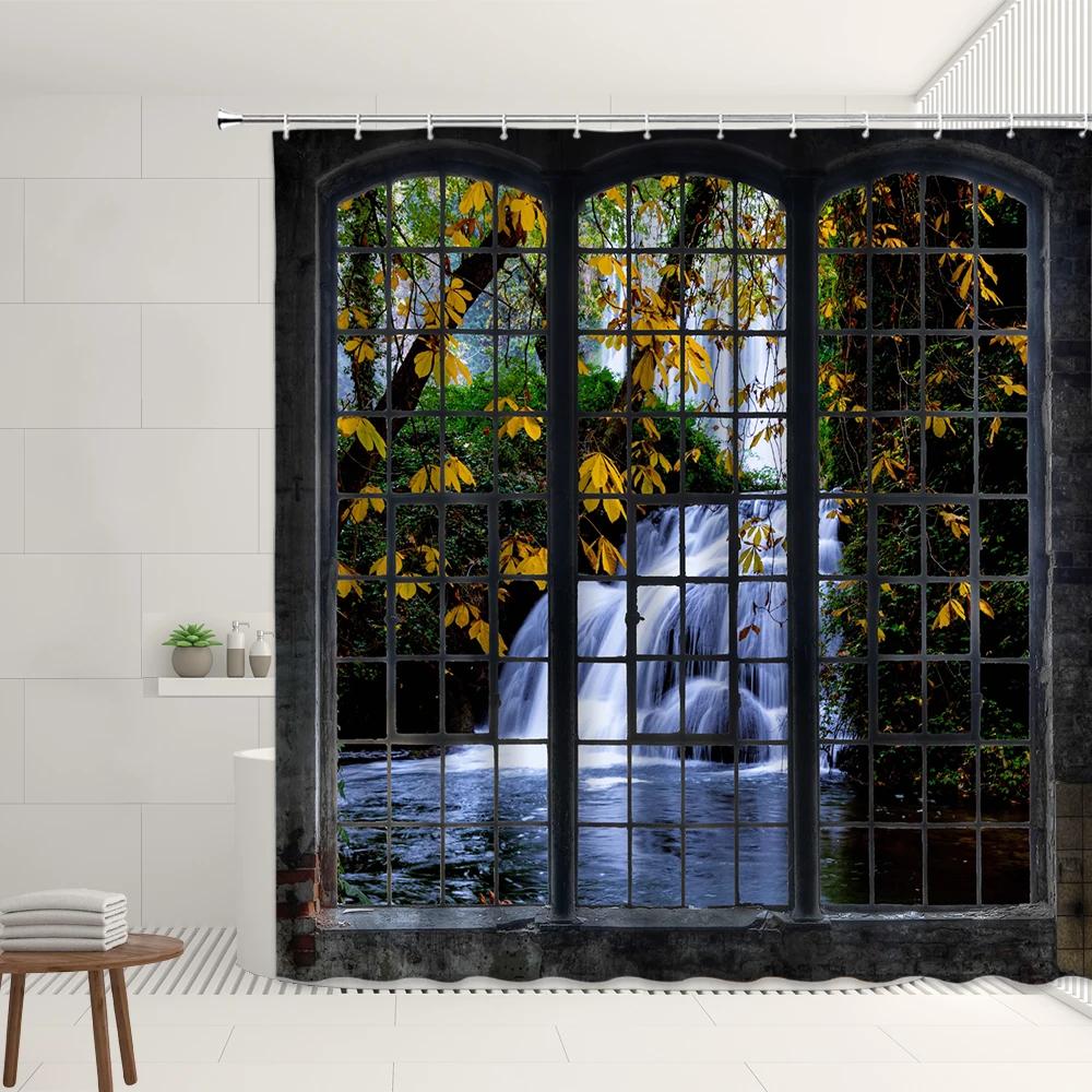 Set Tende da Doccia Finestra Retrò Foresta Autunnale Cascata Strada Vintage Fiore Pianta Architettura Moderna Paesaggio Schermi per Bagno