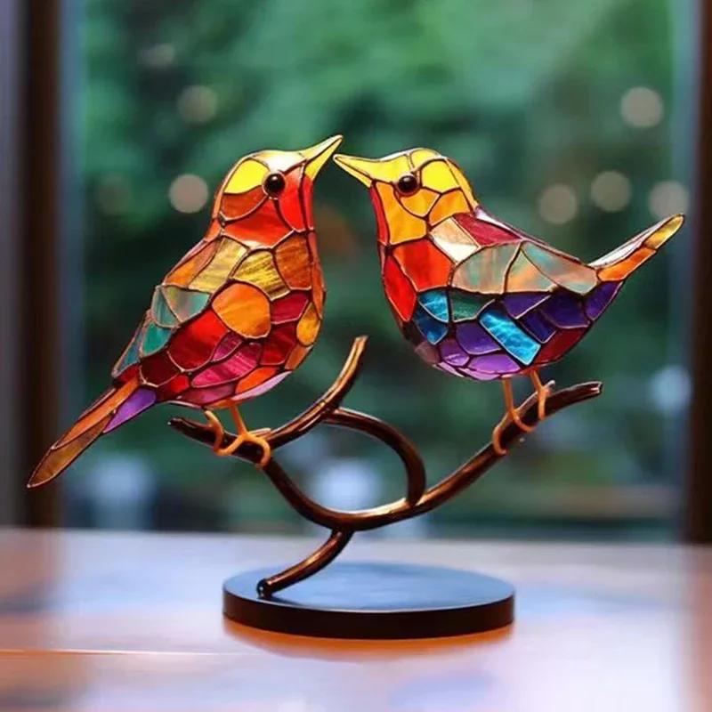

2/3/5pcs Stained Acrylic Birds Branch Desktop Ornaments, Double Sided Multicolor Style Craft Statue Ornaments Desktop Decoration