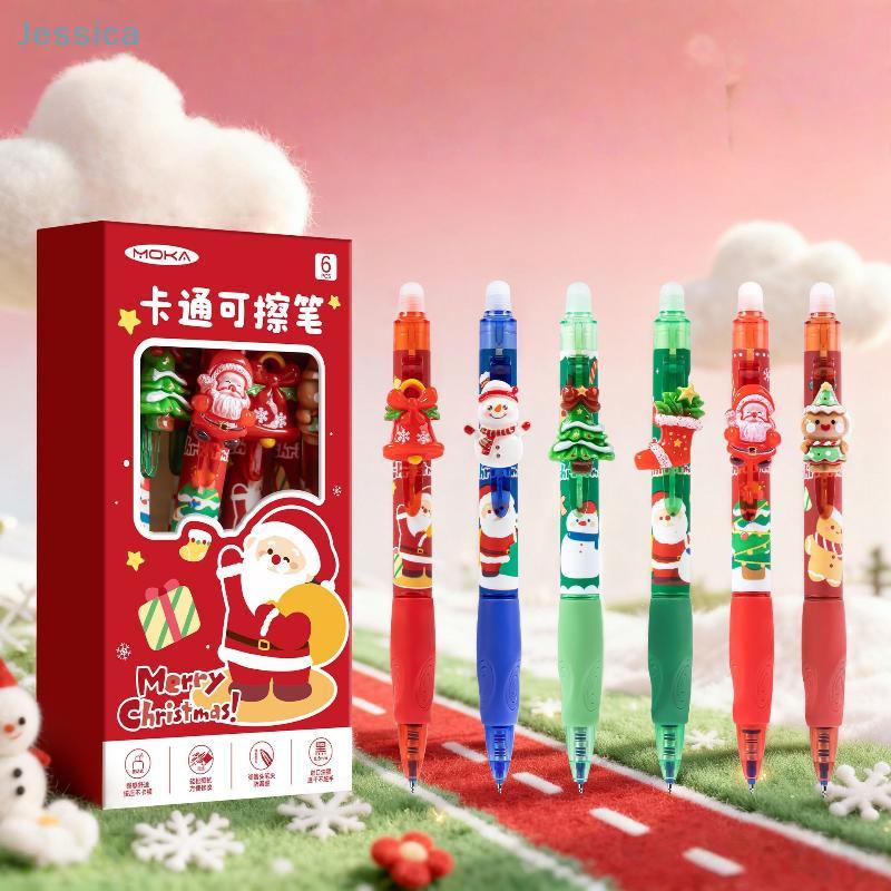 6Pcs Christmas-themed Acrylic Erasable Gel Pen Quick-Drying Writing Smooth Blue Ink Neutral Pens Student Stationery Gift