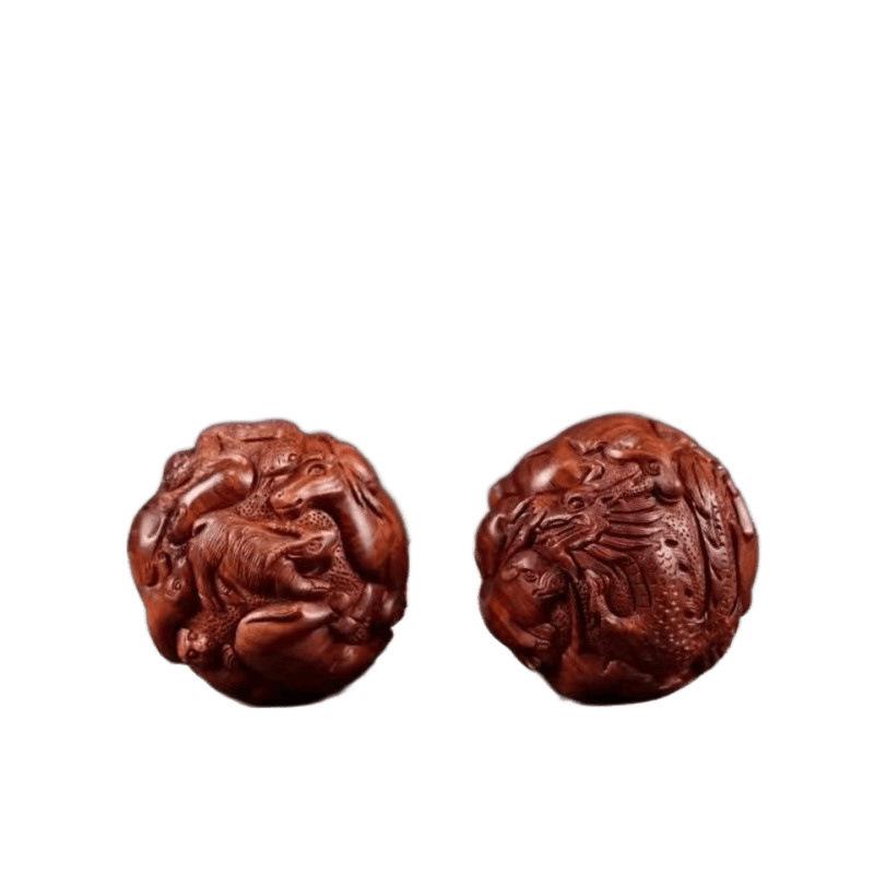Yellow Rosewood Zodiac Health Massage Balls - Solid Wood Carved Handheld Fitness Playthings