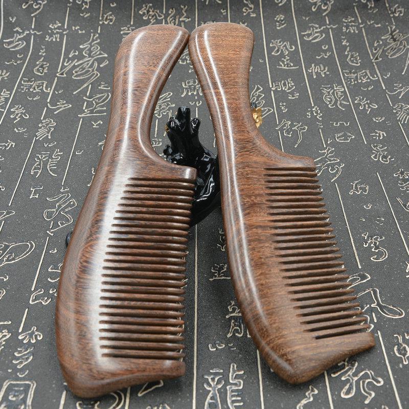 Black Gold Sandalwood Long Handle Wooden Comb - Large, Traditional Craftsmanship for Ladies.