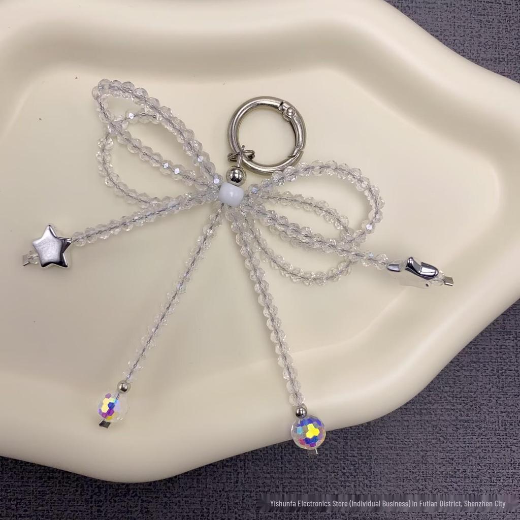 Autumn Winter Fluffy Bow Phone Chain with Beaded Lanyard for Universal Phone and Camera Cases