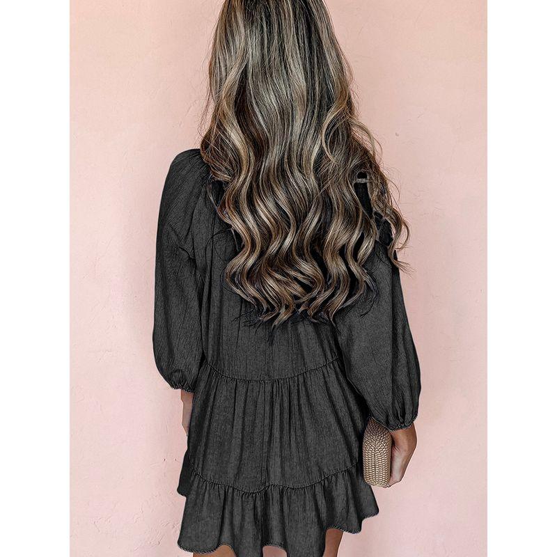 2025 Spring Thin Solid Color and V-neck Dress Women's European and American Leisure Loose Layered High Waist Knee-Length Skirt Women