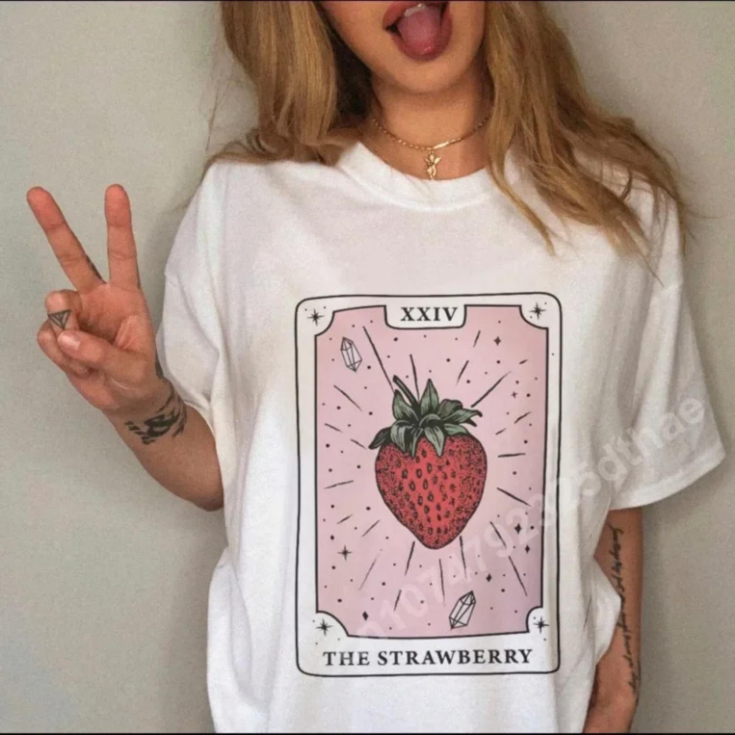 

Strawberry Tarot Cute T-Shirt Women 90s Lady Fashion Tees Female Short Sleeve Cartoon Clothes Print O-neck Tops Graphic Tshirts XXXXXL білий