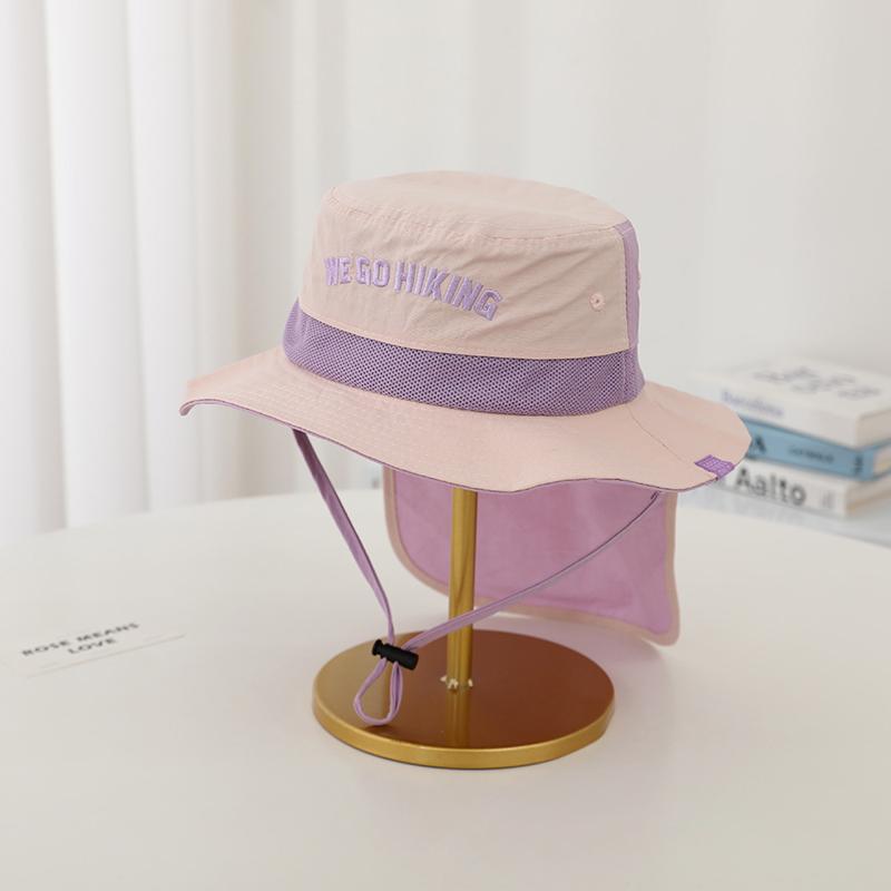 Kids Bucket Hat WEGO Letter Embroidery Color Block Thin Quick-Dry Sun Hat with Neck Flap UV Protection for Outdoor Activities