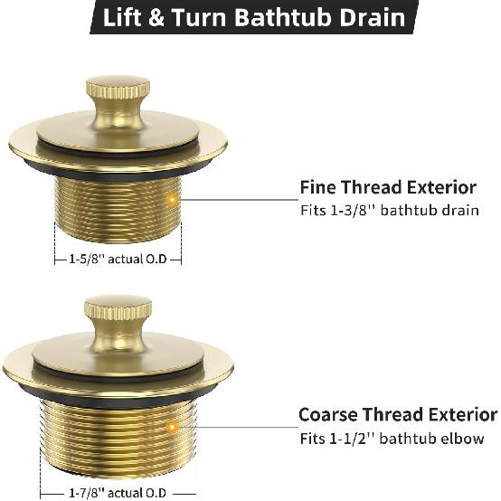 Brushed Gold Bathtub Drain Bath Tub Trim Set Conversion Kit Assembly, All Brass Lift and Turn Twist Tub Drains Replacement Trim Kit with Two-Hole