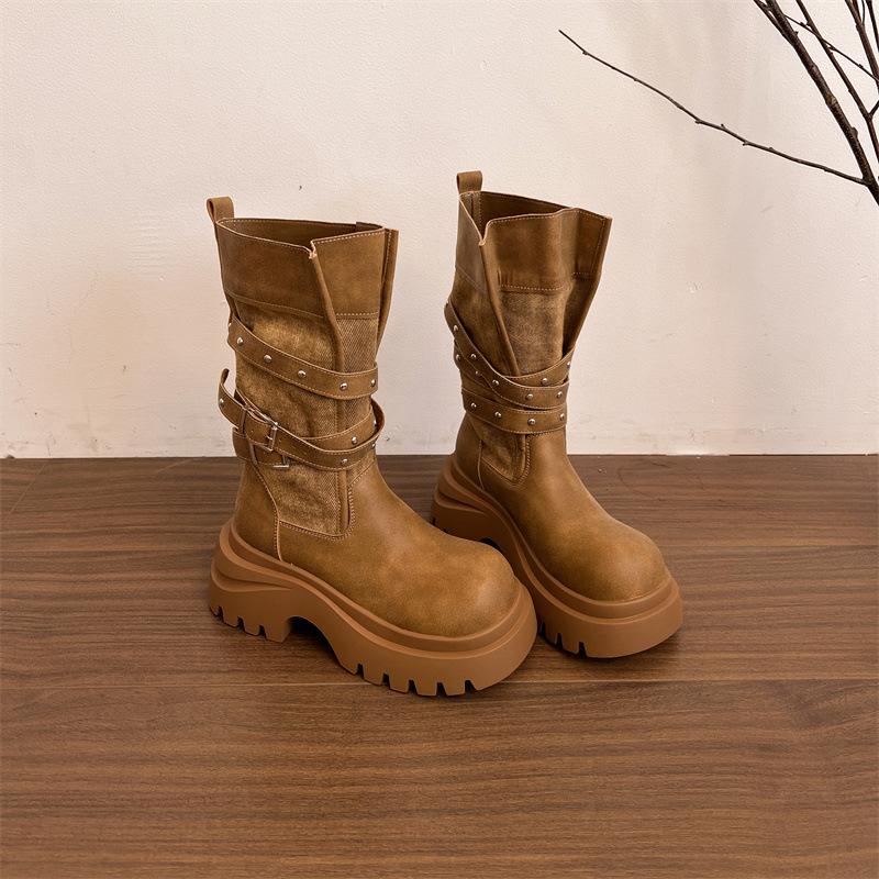 

Мартинсы на толстой подошве с высоким голенищем, женские, осенние, новые, с ремешком и пряжкой, ботинки-локомотивы, рыцарские ботинки 40 верблюд