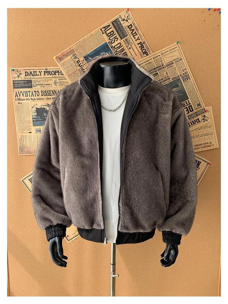 Men's Two-Sided Silver Blue Fox-Cotton Jacket with Fishbone Pattern - Thickened, Plus Velvet for Winter Warmth