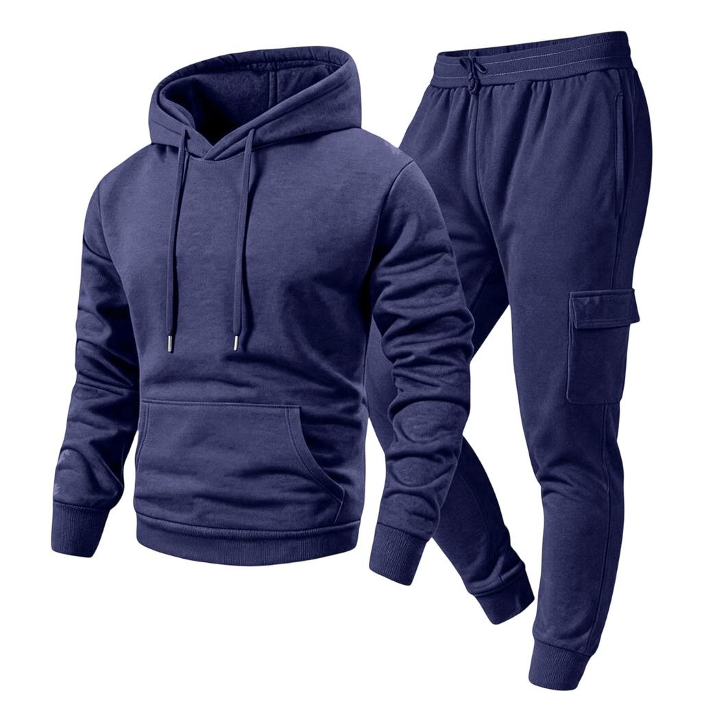 Men's Casual Outdoor Sports Two-Piece Set - Color Sweatshirt and Elastic Waist Cargo Jogger Pants