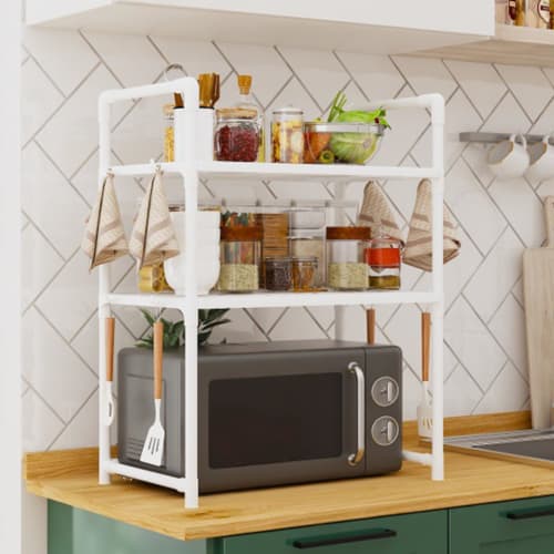 Microwave Rack, Adjustable Microwave Stand - Kitchen Countertop Utensil and Cutlery Organizer | Adjustable Countertop Utility Storage Rack with Hooks
