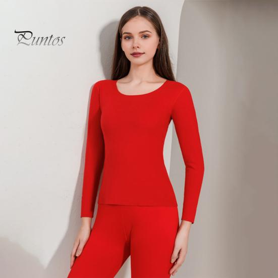 2 Pcs/Set Winter Women Thermal Underwear Set Round Neck Seamless Long Sleeve Warm Thick Double-sided Plush Slim Fit Elastic Lady Cold Weather Pajamas