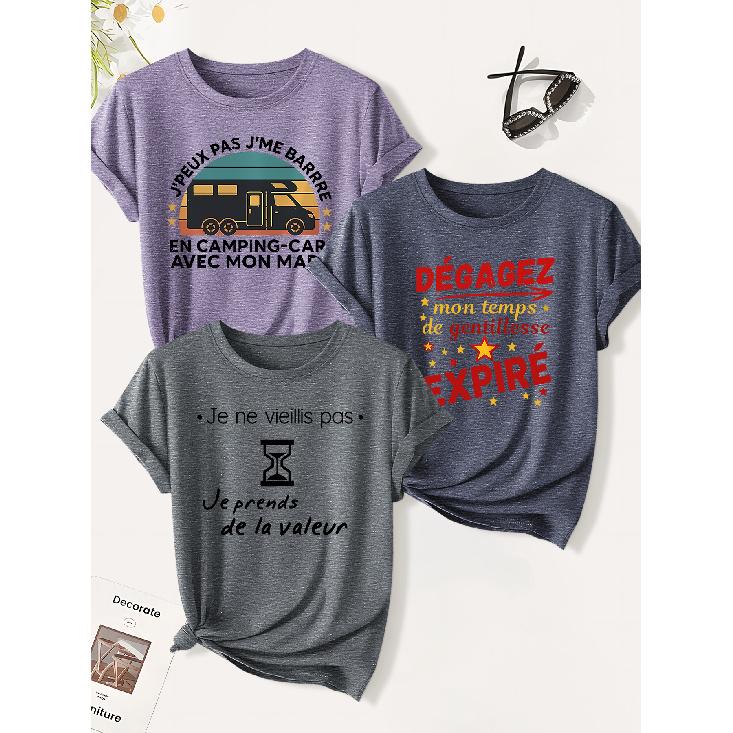 3 Pack of women's summer tops | Sarcastic and tongue-thwarting French print T Shirt | Cute and trendy casual round-neck short-sleeve suit | 2026