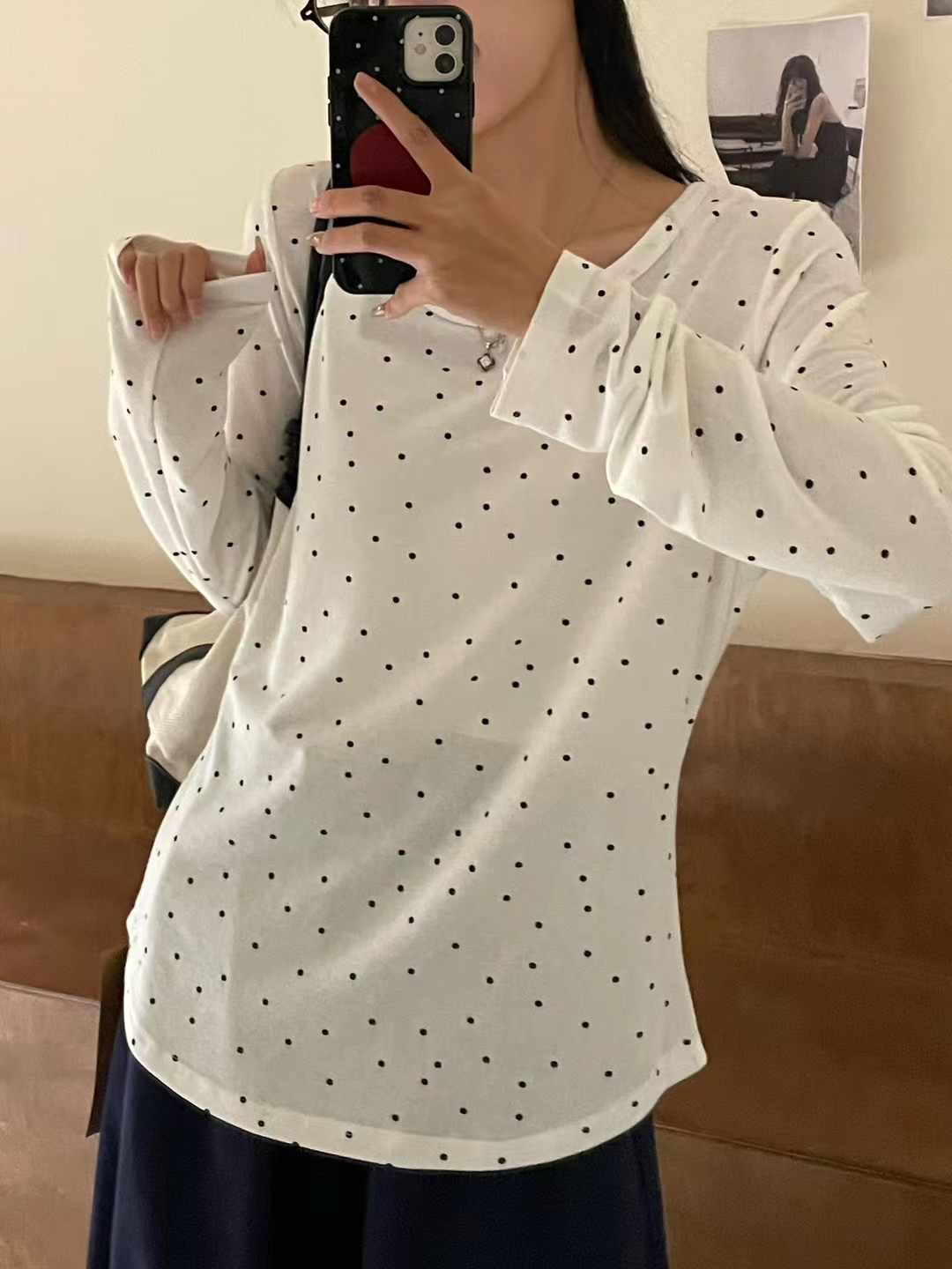 

Женская футболка больших размеров в горошек с длинным рукавом - Корейский стиль, Свободный крой, Весенняя мода One Size L