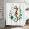 Seahorse Shell Shower Curtain Watercolor Marine Life Print For Bathroom Decor, Green Leaf Design Size 72X84 Inches (White)