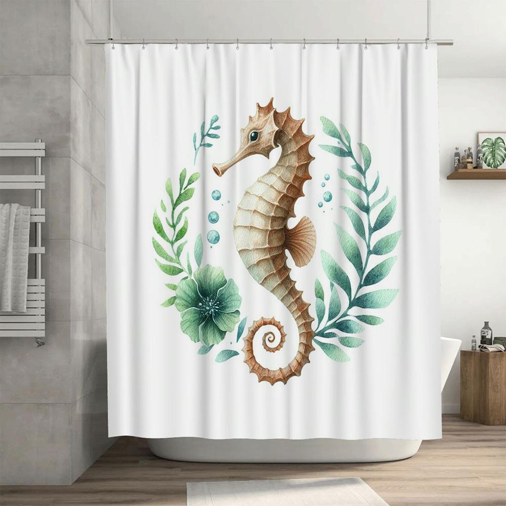 Seahorse Shell Shower Curtain Watercolor Marine Life Print For Bathroom Decor, Green Leaf Design Size 72X84 Inches (White)