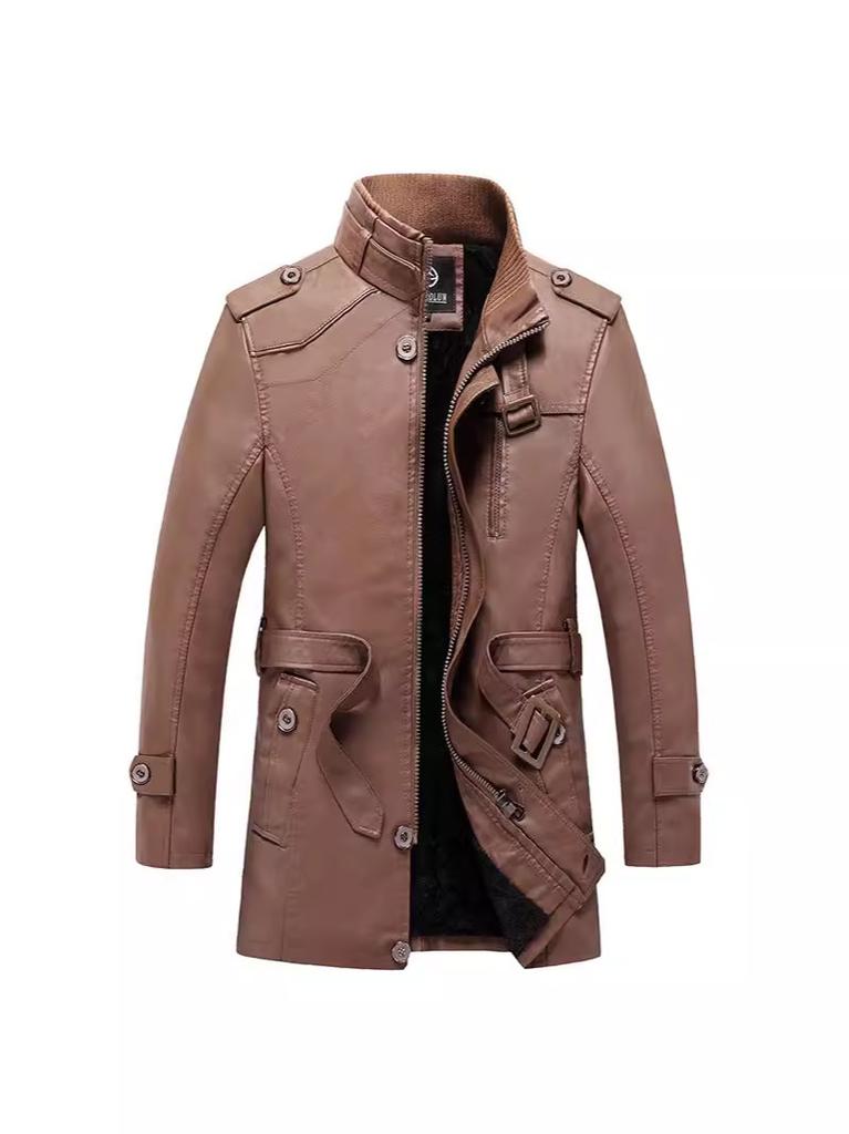 Specially for men's leather jackets, thickened and velvet green middle-aged casual medium and long thermal cotton clothes, medium and long styles