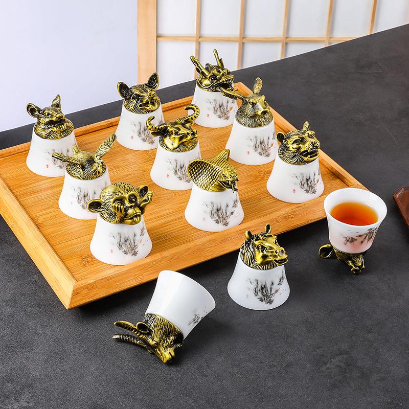 Direct Sales Twelve Zodiac Wine Glasses Baijiu Cup Spirits Cup One Cup Light Luxury Ceramic Wine Dispenser Gift Box Set