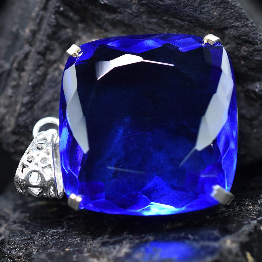 CERTIFIED Blue Tanzanite Square Cushion 91 Ct Lab Created Pendant Gems Free Gift ,MY.PD-90-NS