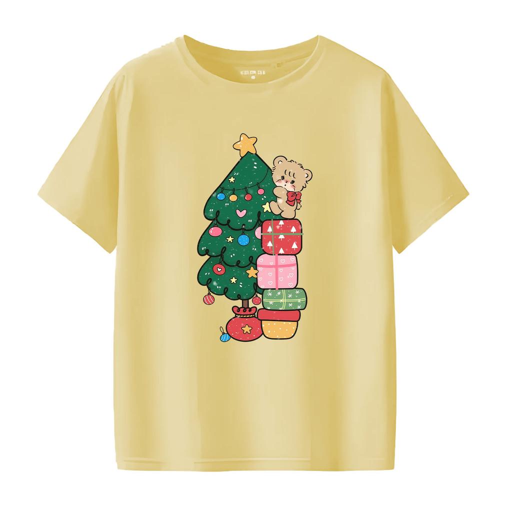Cute Christmas Tree Christmas Gift Printed Pattern Tshirt Short Sleeve Round Neck Versatile Womens Tshirt